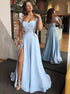 A Line Sweetheart Blue Satin Prom Dress with Appliques Split LBQ0269